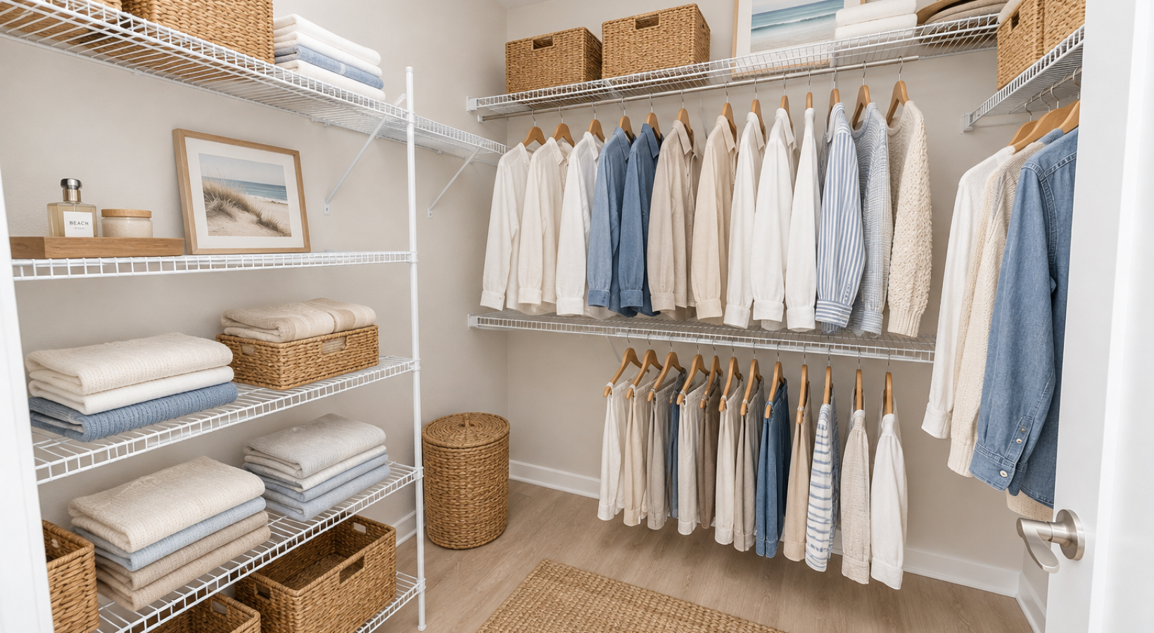 Virtually staged walk-in closet at Dream St. Augustine featuring generous shelving, hanging space and organized storage.